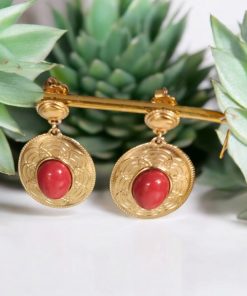 Alternative view of Boucles d'oreilles plaqué or jaspe rouge