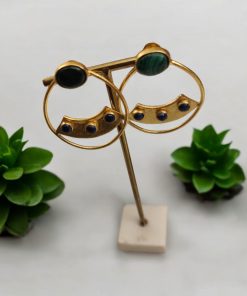Alternative view of Boucles d'oreilles créoles malachite plaqué or - Cé Bijoux