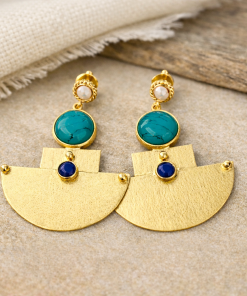 Boucles d’oreilles artisanales plaqué or, pierres naturelles & perles de culture