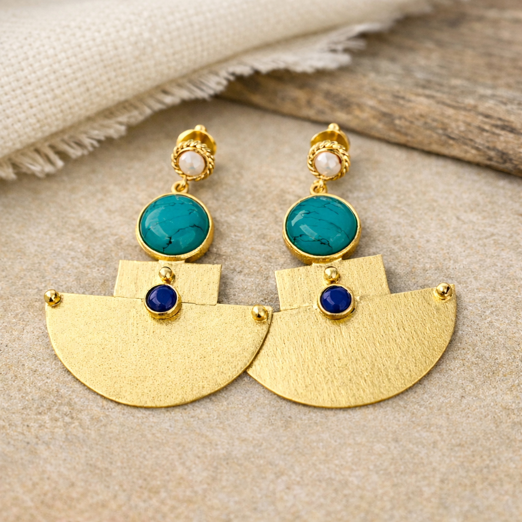 Boucles d’oreilles artisanales plaqué or, pierres naturelles & perles de culture