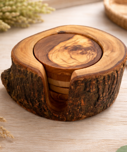 Ensemble de 6 dessous de verre en bois d’olivier avec support rustique