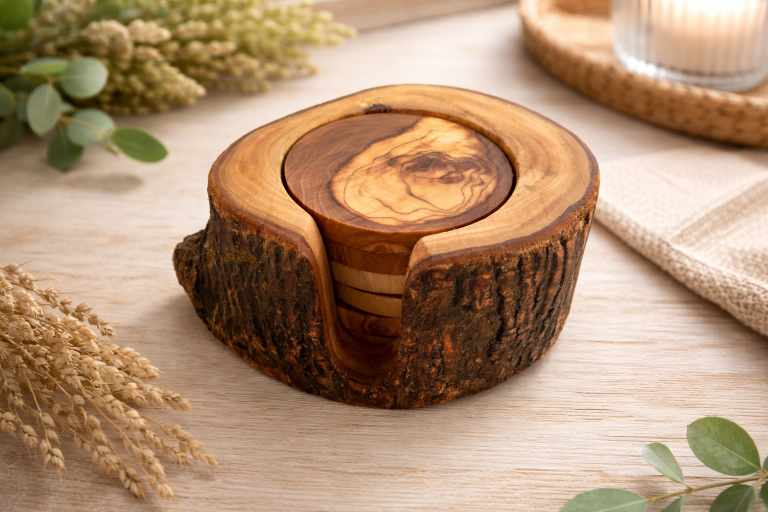 Ensemble de 6 dessous de verre en bois d’olivier avec support rustique