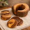 Ensemble de 6 dessous de verre en bois d’olivier avec support rustique vue ensemble