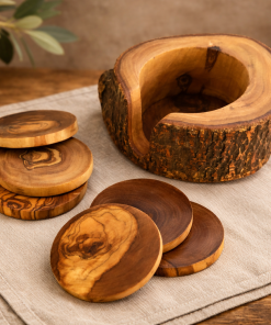 Ensemble de 6 dessous de verre en bois d’olivier avec support rustique vue ensemble