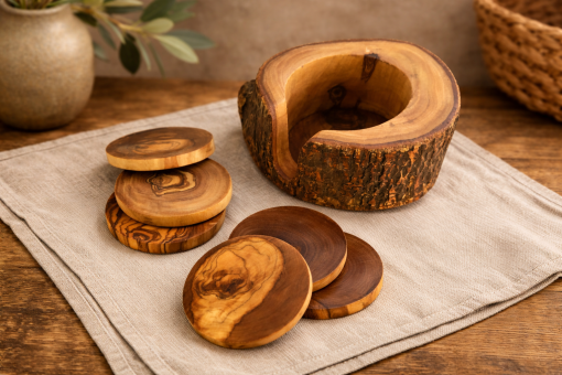 Six dessous de verre en bois d’olivier réunis avec leur support de rangement