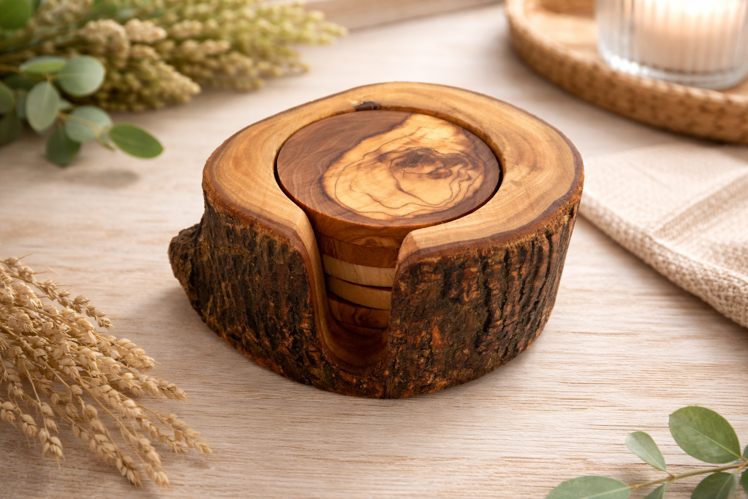 Ensemble de 6 dessous de verre en bois d’olivier avec support rustique