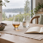 Verre de dégustation de whisky, carafe d’eau et carnet sur une table en bois clair près d’une fenêtre