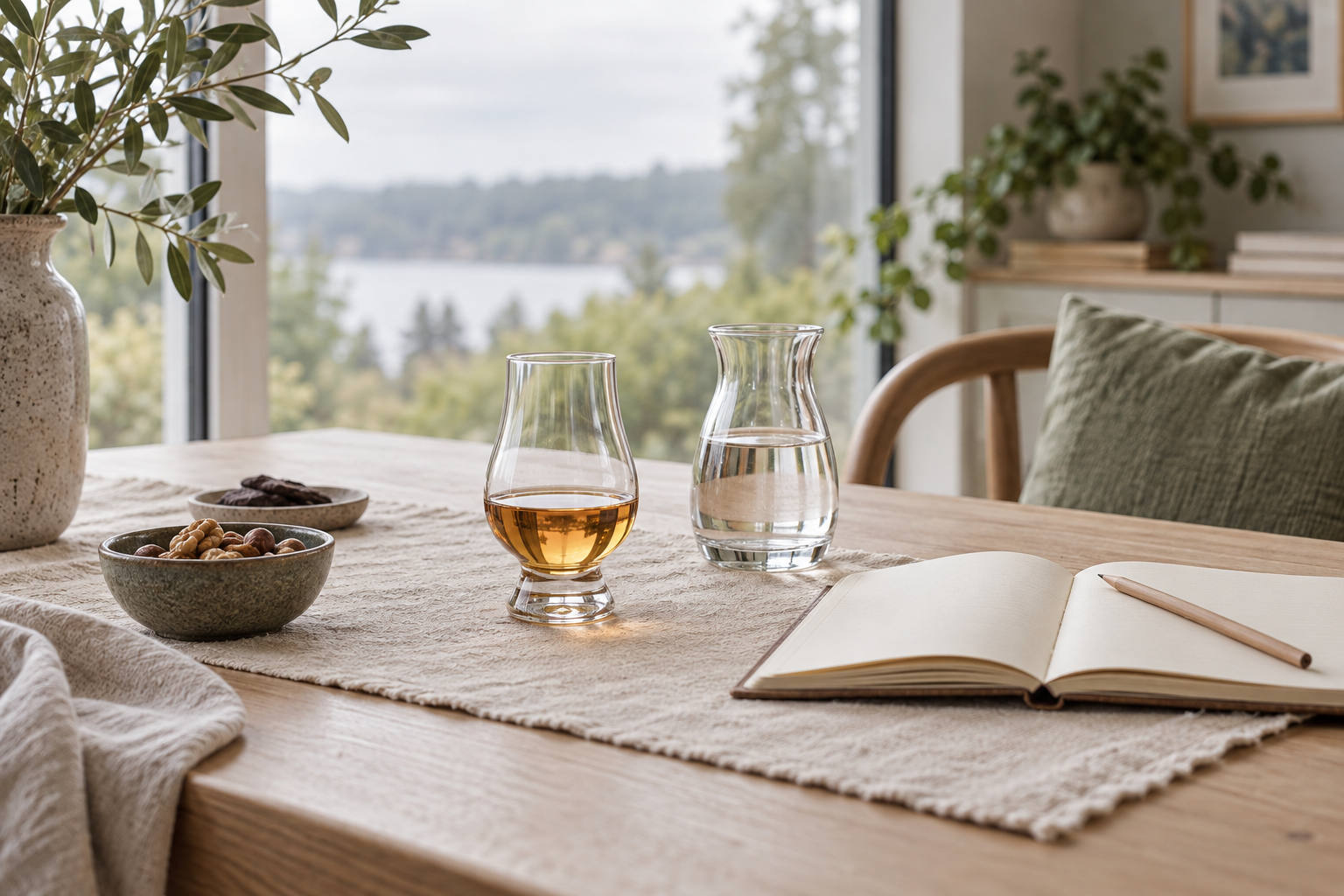 Verre de dégustation de whisky, carafe d’eau et carnet sur une table en bois clair près d’une fenêtre