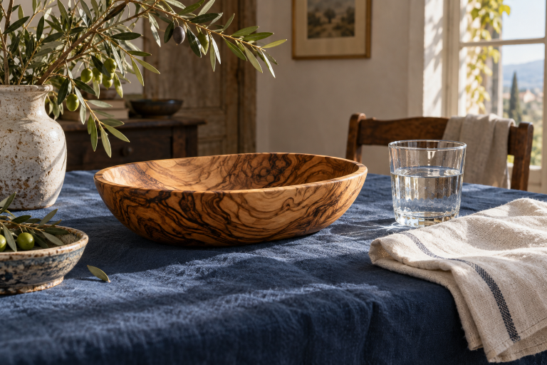 Bol en bois veiné, verre transparent et lin clair sur une nappe bleu profond