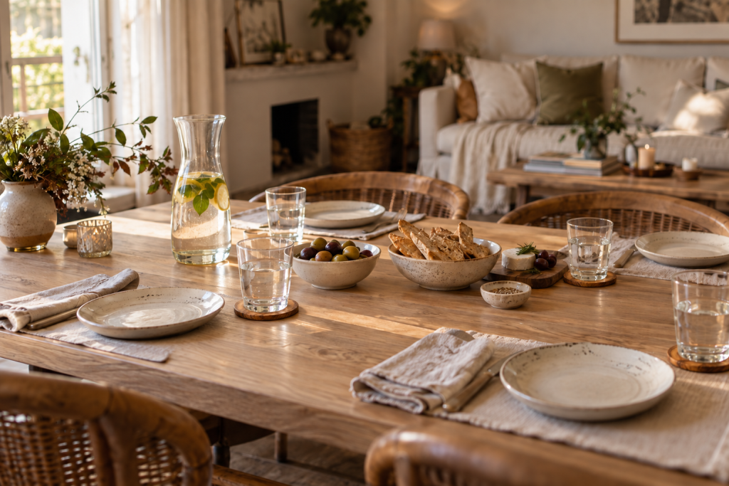 Table apéritive aux tons naturels, verres posés sur des dessous de verre en bois et vaisselle en céramique