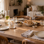 Table apéritive aux tons naturels, verres posés sur des dessous de verre en bois et vaisselle en céramique