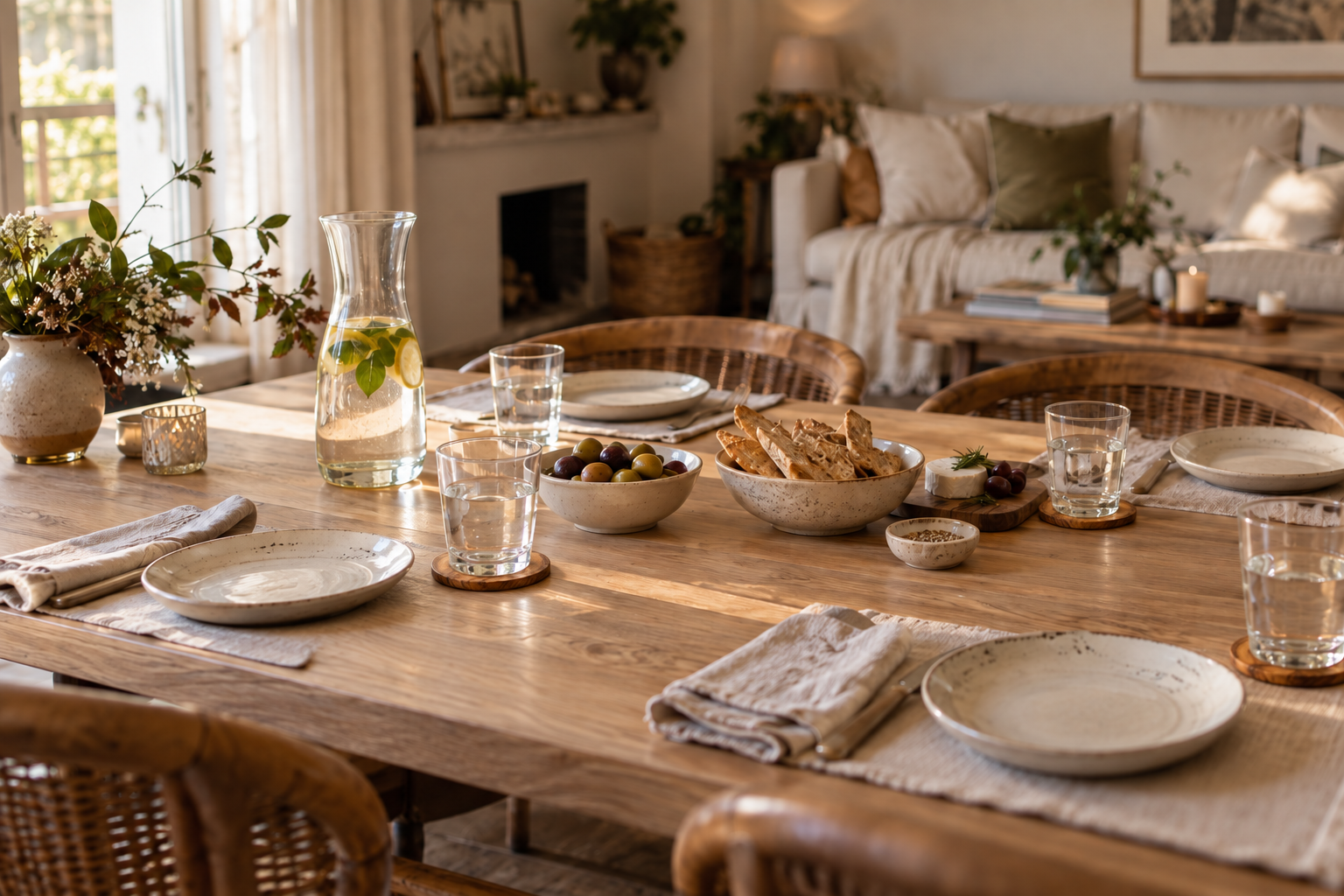 Table apéritive chaleureuse avec des dessous de verre en bois, une carafe et de la vaisselle aux tons naturels