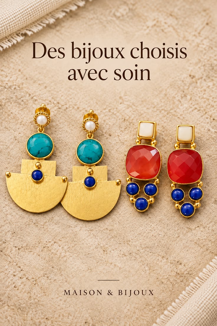 Deux paires de boucles d’oreilles colorées rapprochées sur un fond beige, sélection Maison & Bijoux