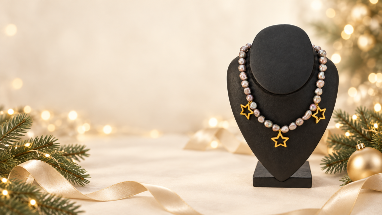 Collier en perles de culture grises et trois étoiles dorées dans un décor de Noël