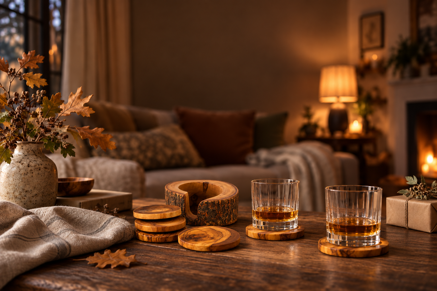 Ambiance automnale avec dessous de verre et support en bois d’olivier sur une table chaleureuse